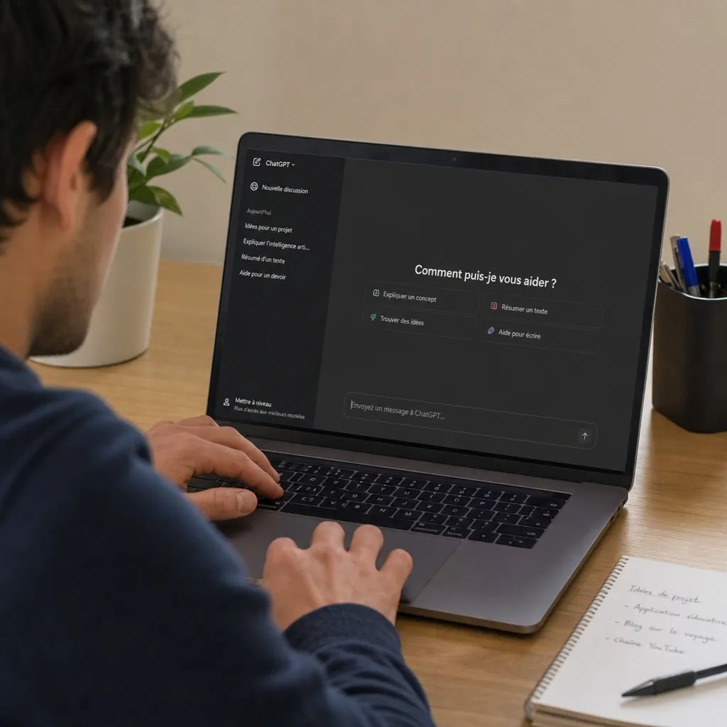 Personne utilisant ChatGPT en français sur un ordinateur portable