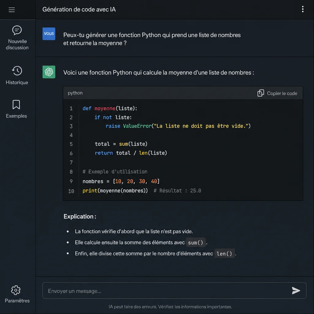Assistant IA générant une fonction Python et expliquant le code ligne par ligne